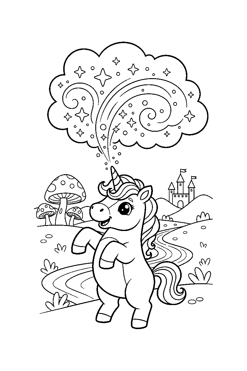 baby unicorn making a magic sparkle in a fantasy land line art