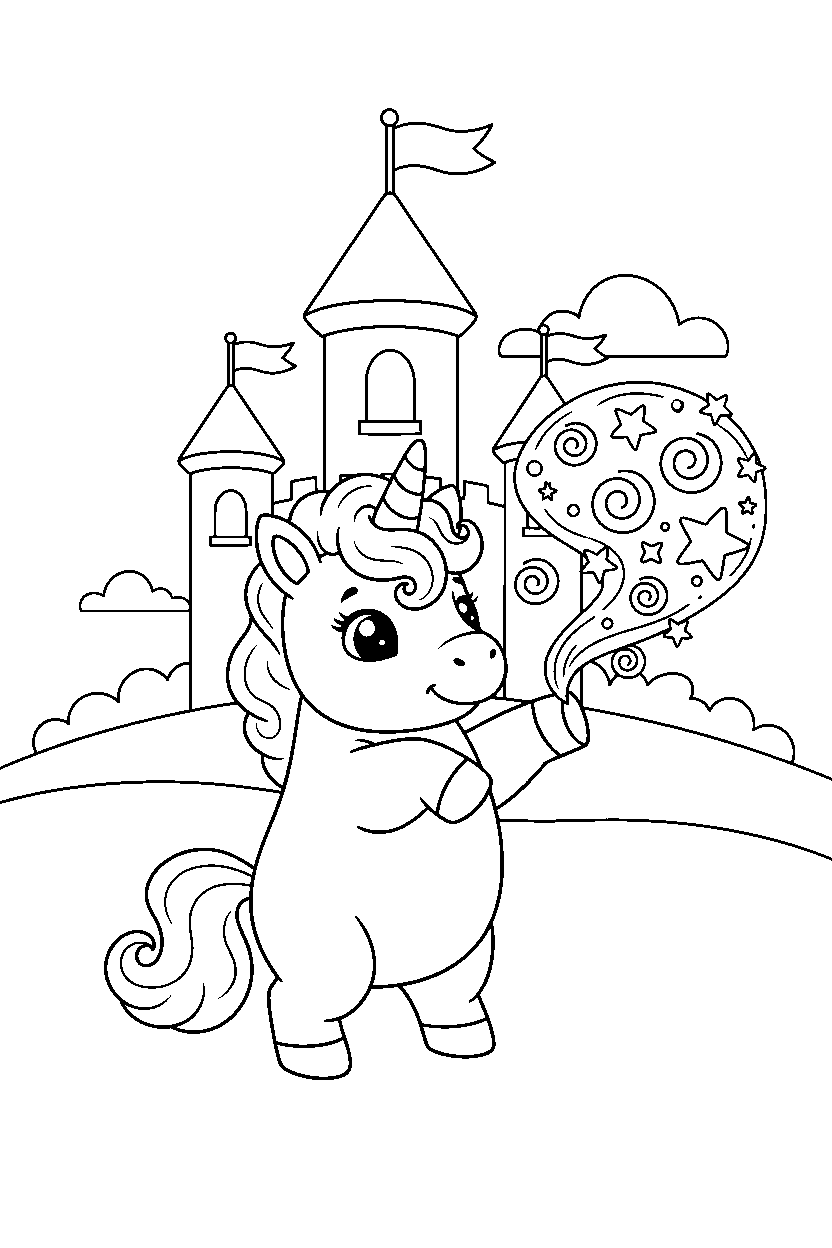baby unicorn making a magic sparkle near a castle line art