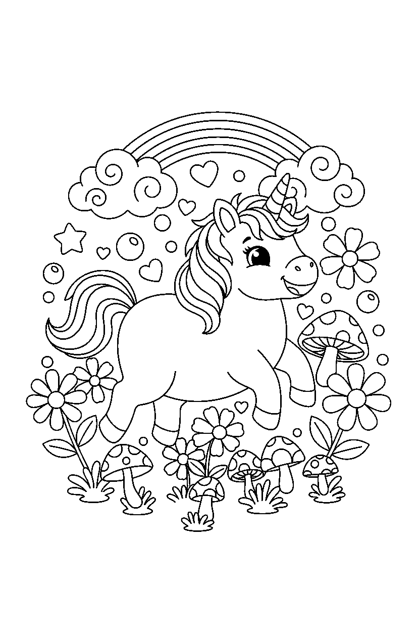 baby unicorn playing happily in a colorful world line art