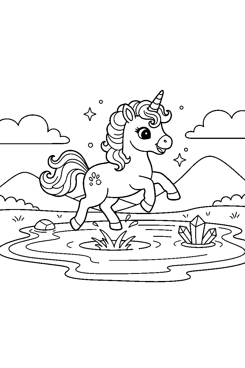 baby unicorn playing happily near a crystal lake line art