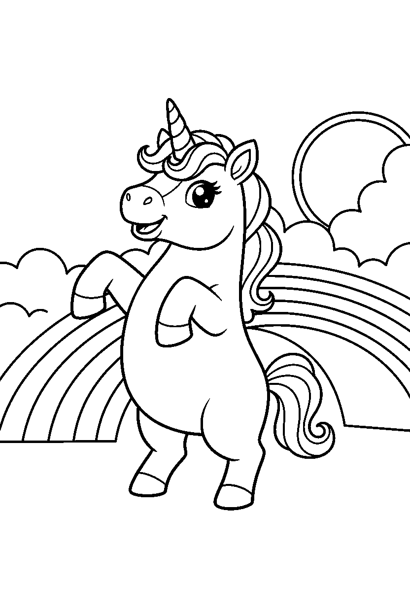 baby unicorn posing proudly near a rainbow bridge line art