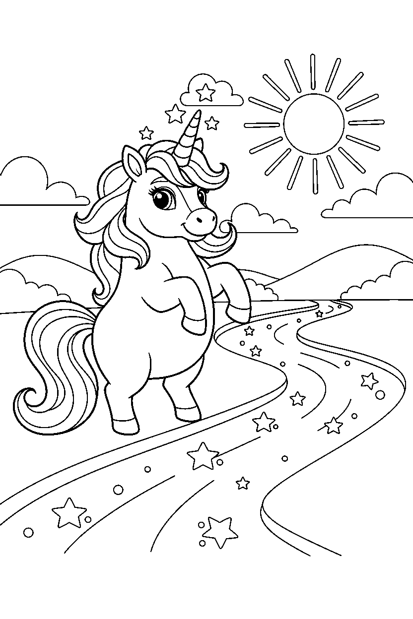 baby unicorn posing proudly near a sparkling river line art