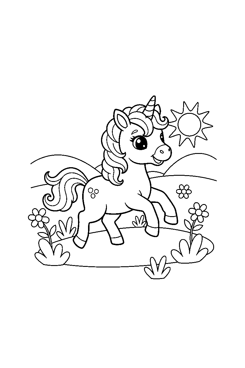 baby unicorn prancing happily on a bright meadow line art