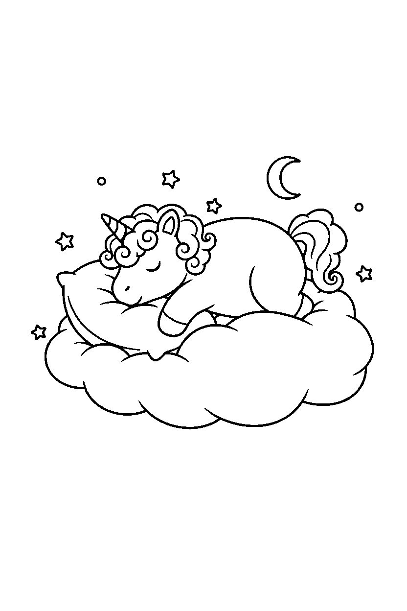 baby unicorn resting peacefully on a cloud land line art