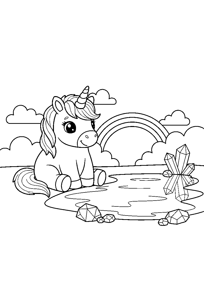baby unicorn sitting peacefully near a crystal lake line art