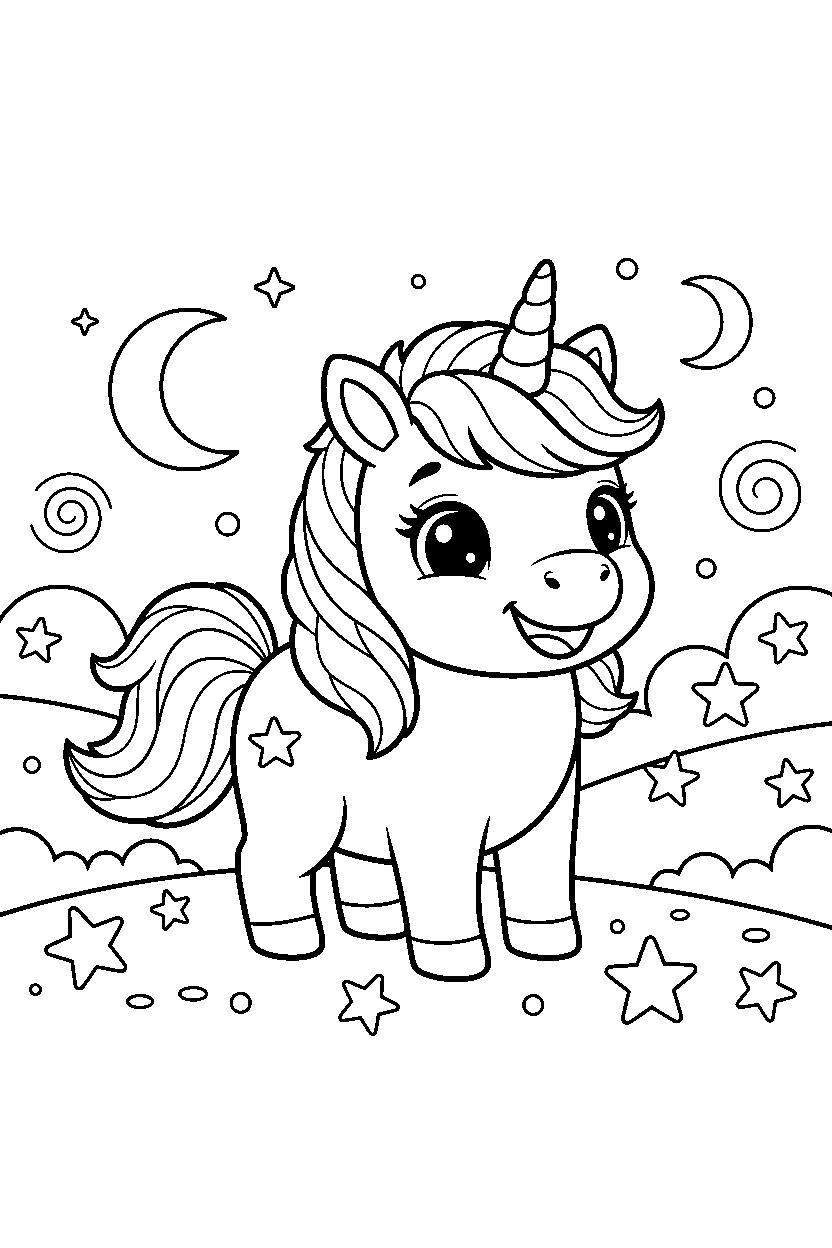 baby unicorn smiling happily in a starry valley line art
