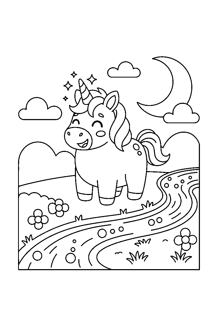 baby unicorn smiling happily near a sparkling river line art