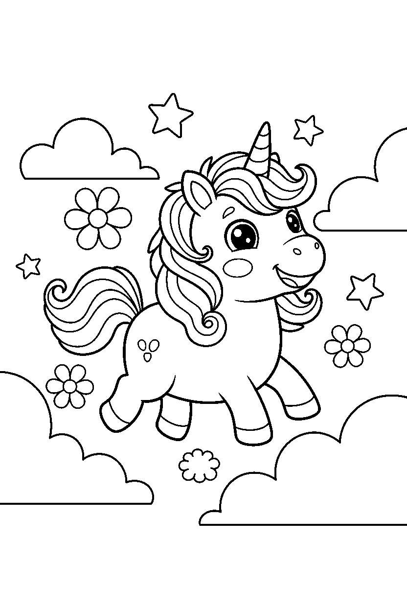 baby unicorn trotting happily in a dream world line art