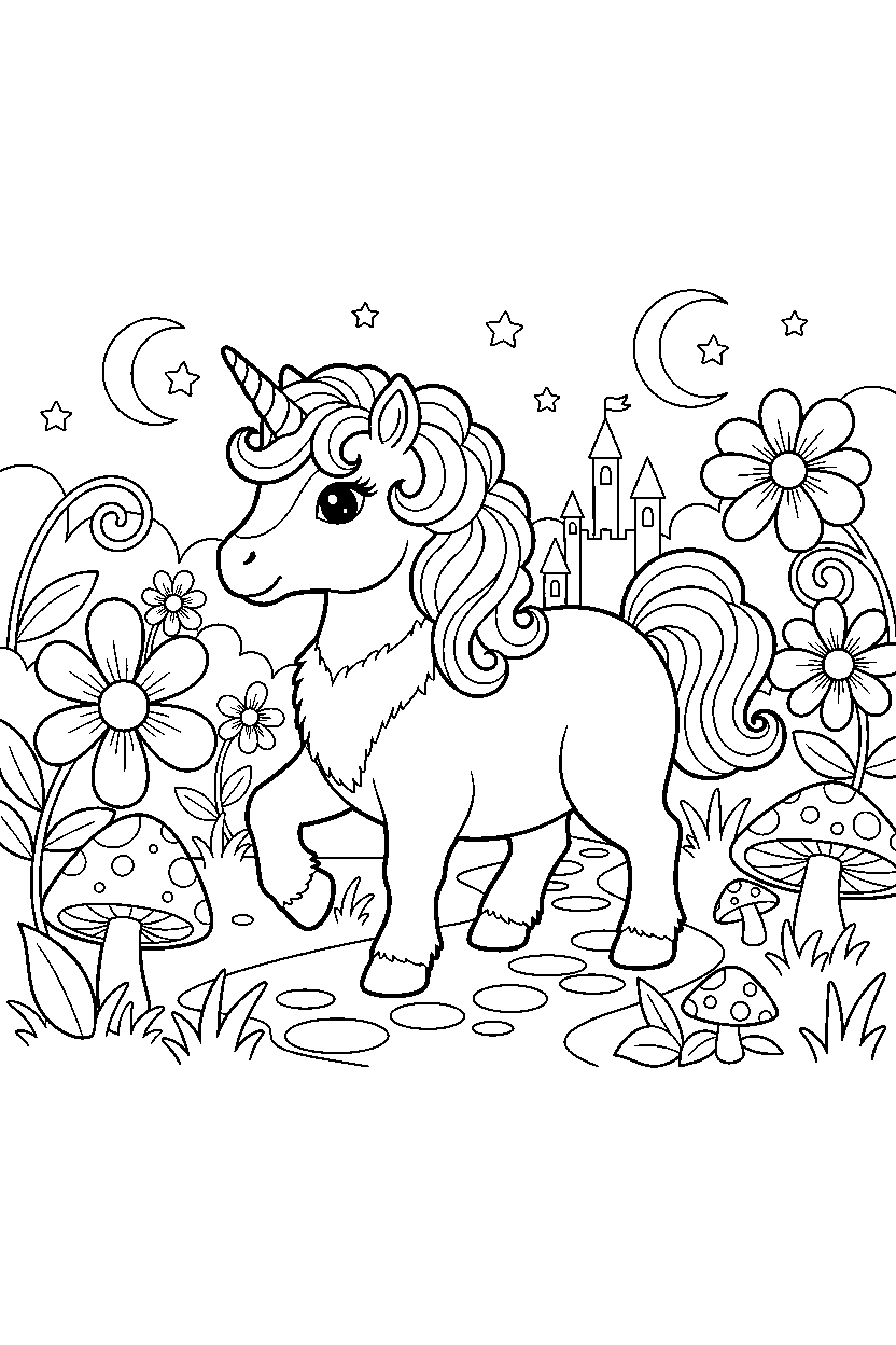 baby unicorn walking proudly in a magical garden line art