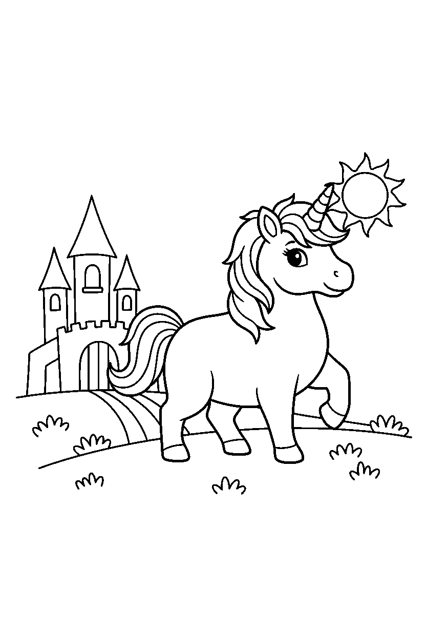 baby unicorn walking proudly near a castle line art