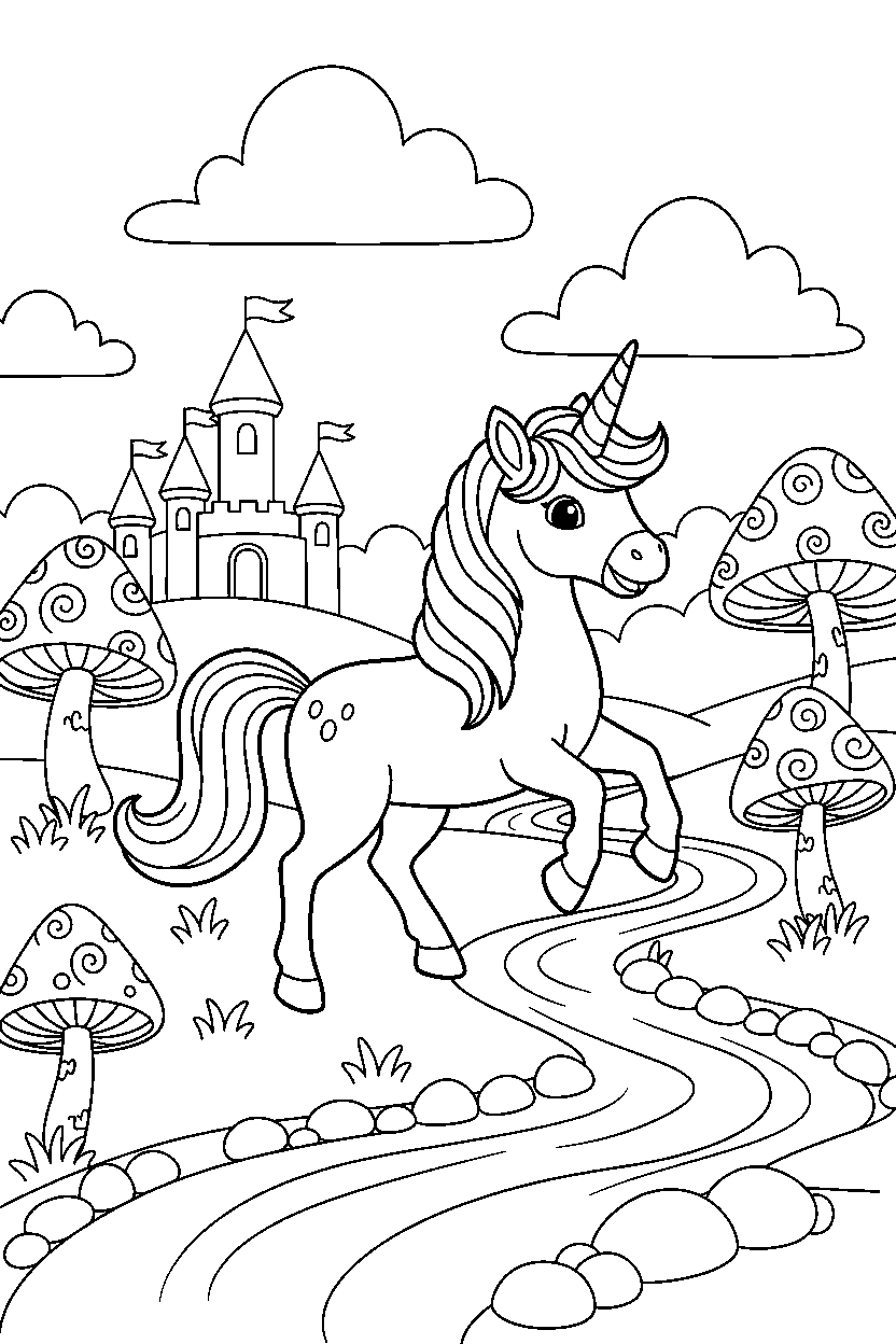 brave unicorn exploring happily in a fantasy land line art