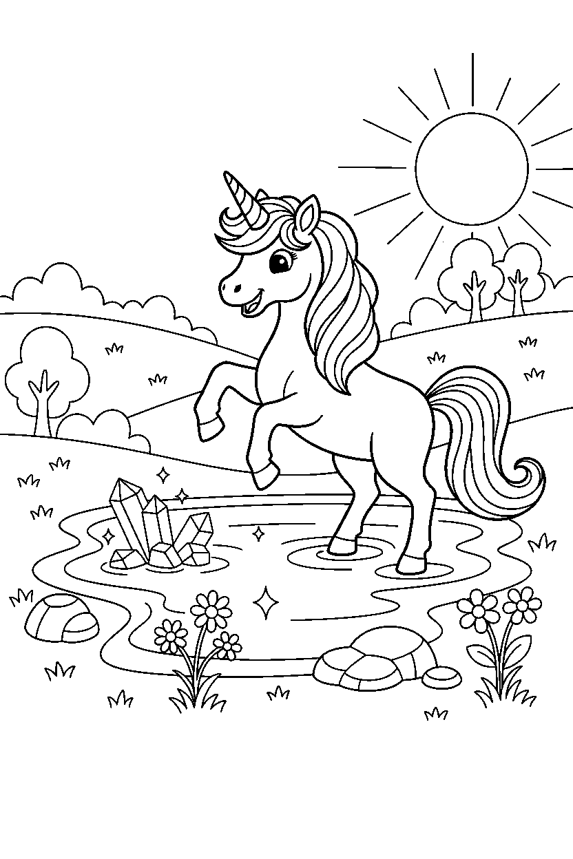 brave unicorn exploring happily near a crystal lake line art