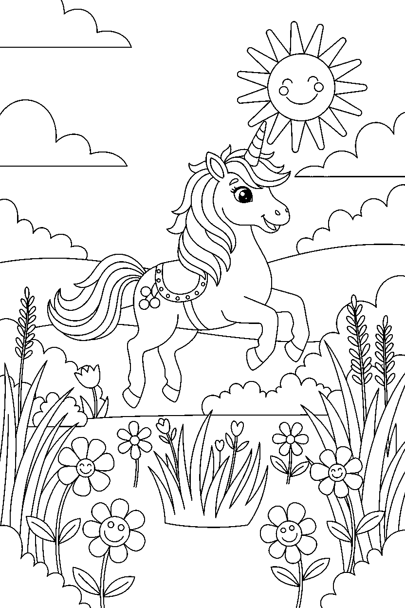 brave unicorn exploring happily on a bright meadow line art