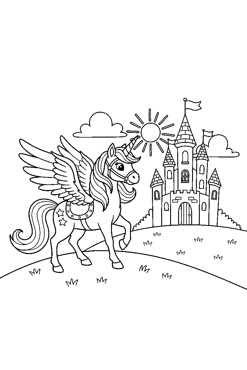 brave unicorn getting ready to fly near a castle line art