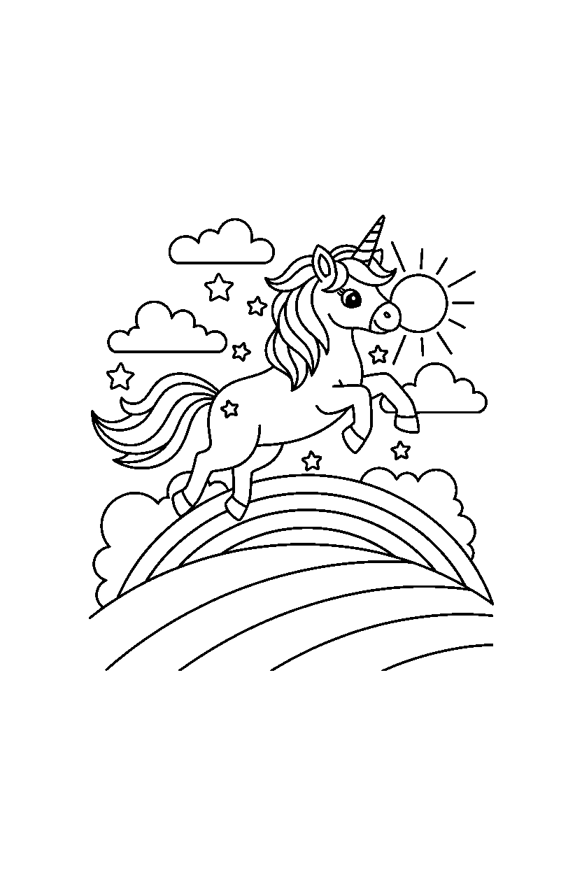 brave unicorn jumping happily on a rainbow hill line art