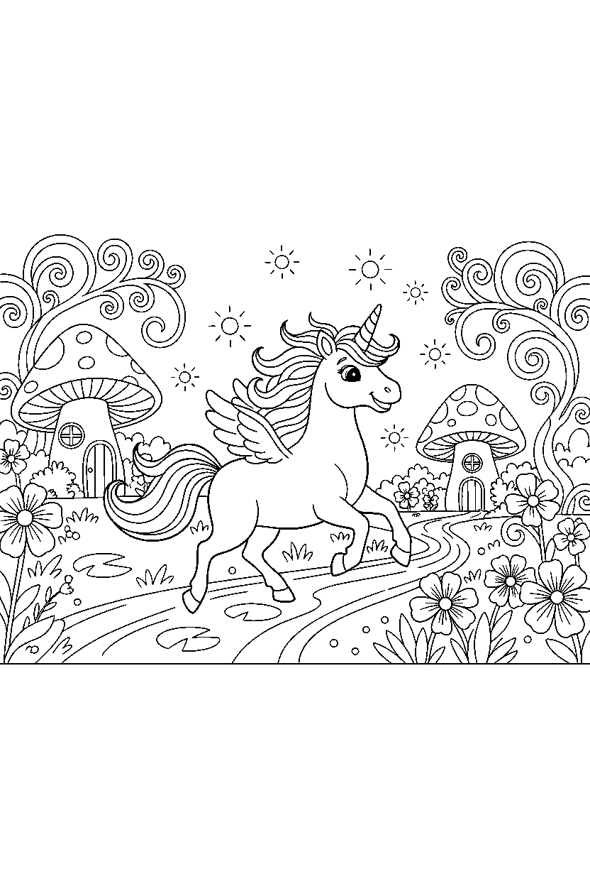 brave unicorn running happily in a fairy garden line art