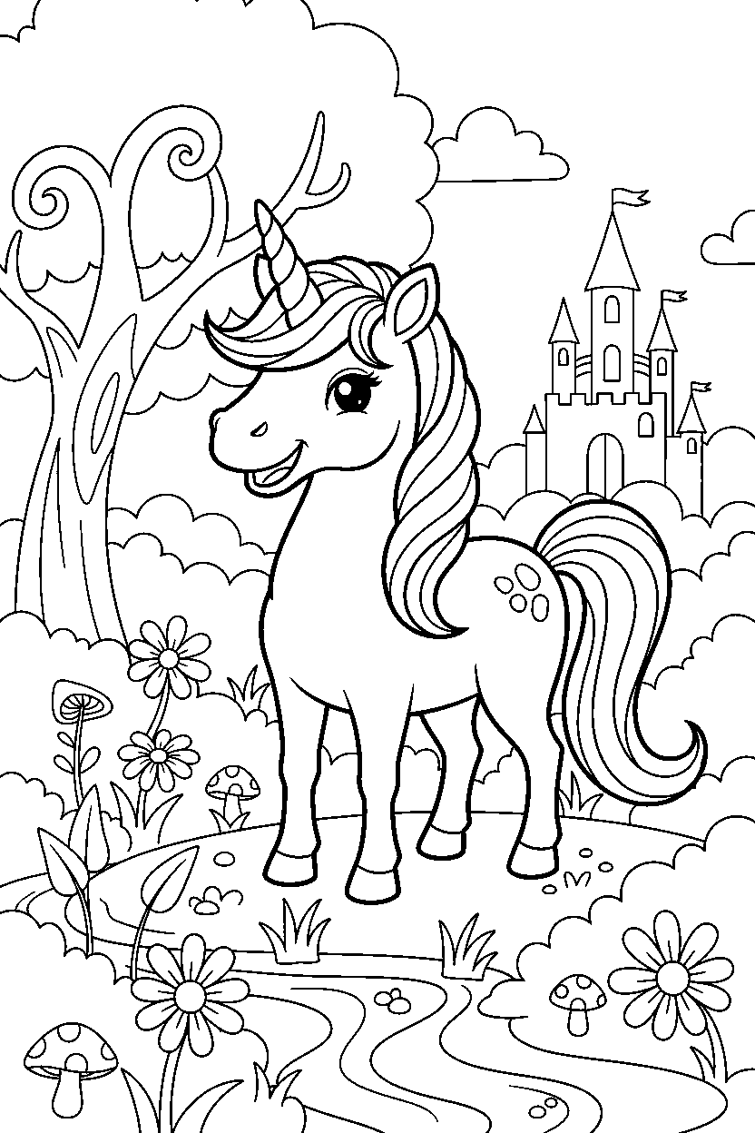 brave unicorn smiling happily in an enchanted meadow line art