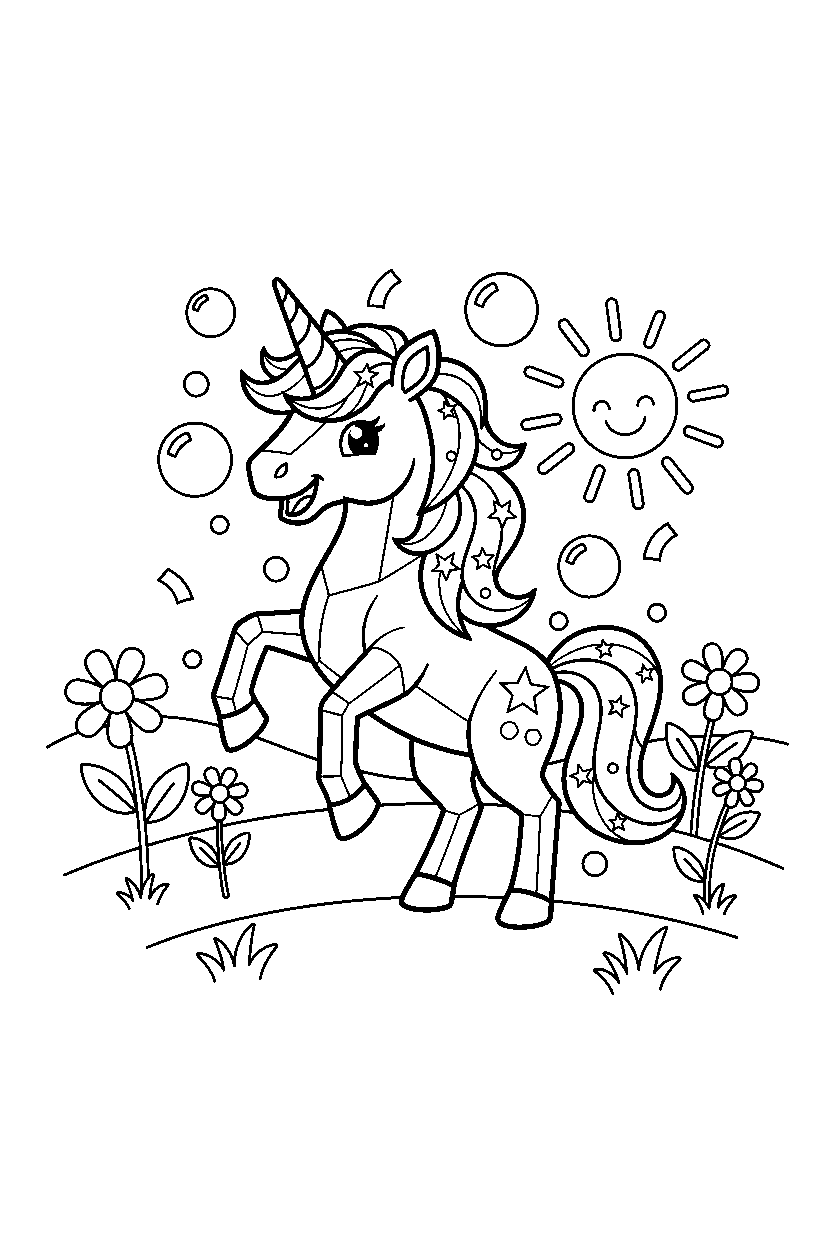 crystal unicorn celebrating happily on a sunny meadow line art
