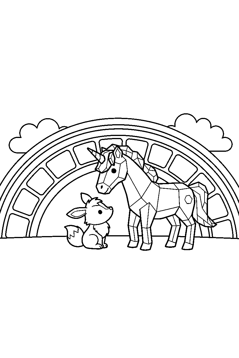 crystal unicorn helping a friend near a rainbow bridge line art