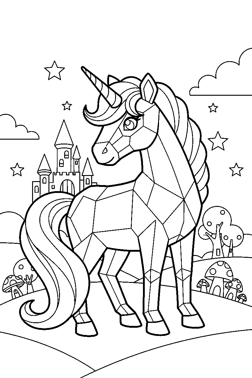 crystal unicorn looking around in a magic kingdom line art