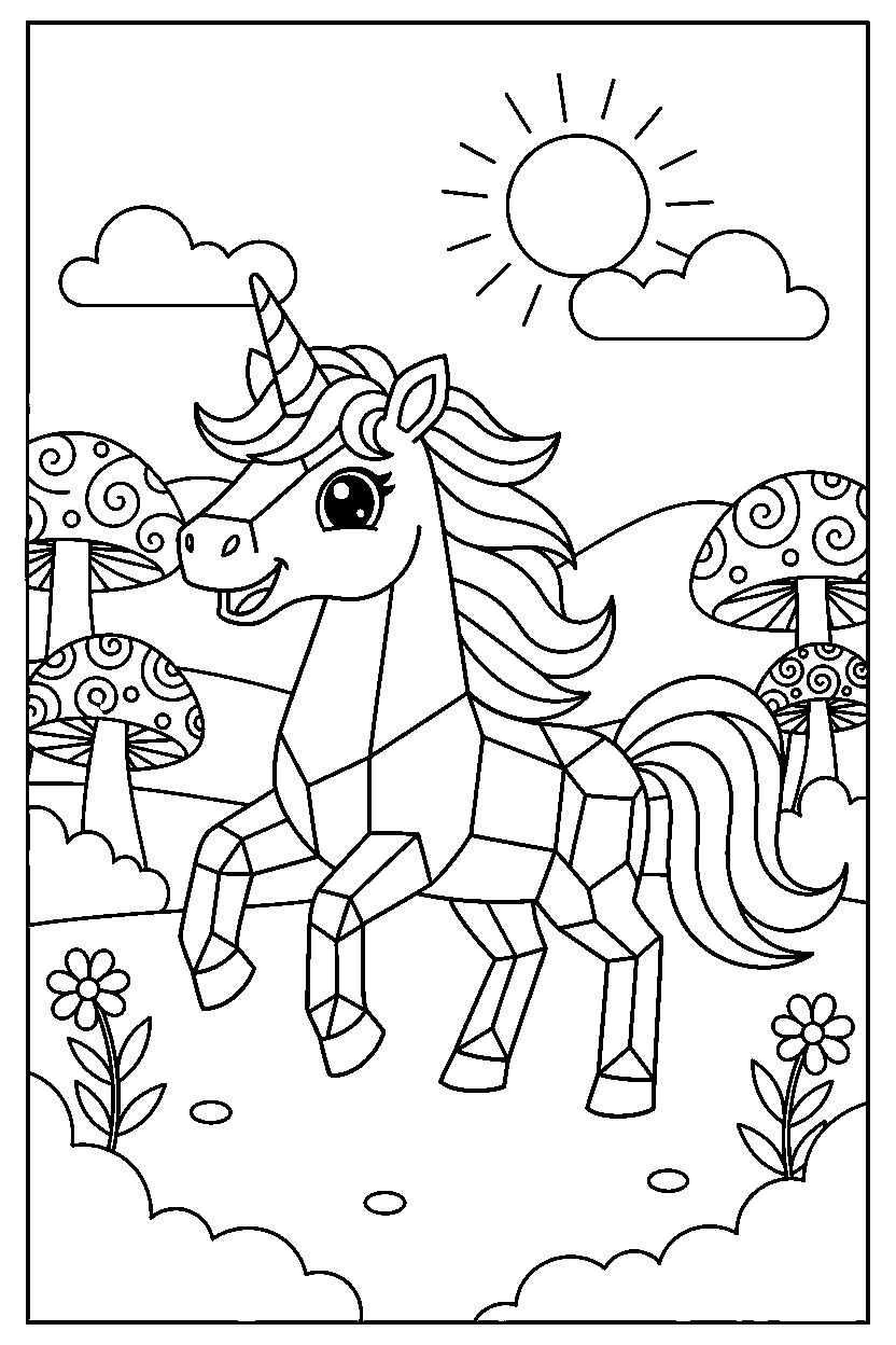 crystal unicorn looking happy in a fairy valley line art