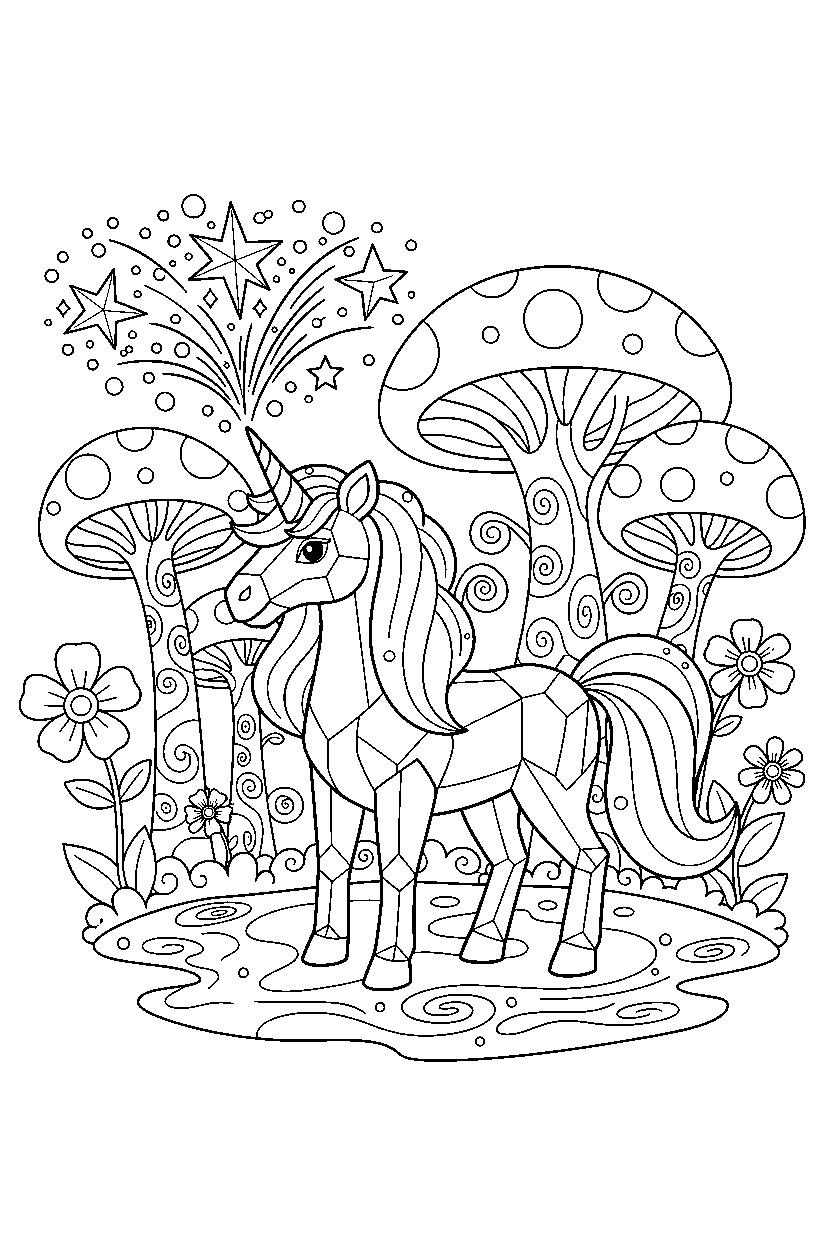 crystal unicorn making a magic sparkle in a magical forest line art
