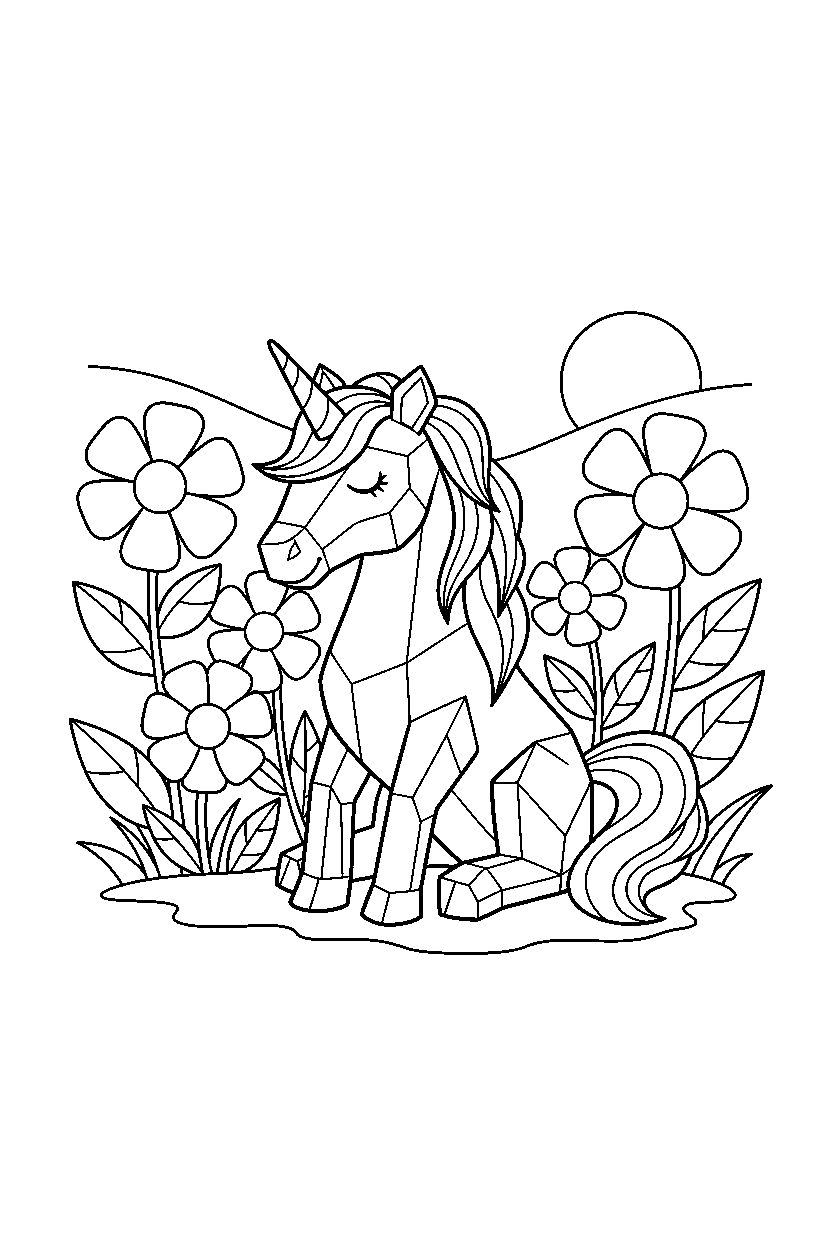 crystal unicorn sitting peacefully in a flower field line art