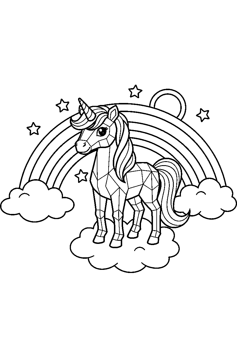crystal unicorn standing peacefully near a rainbow bridge line art