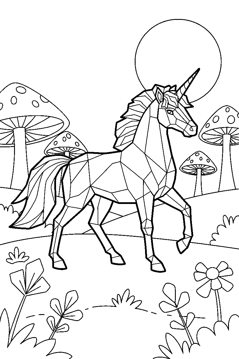 crystal unicorn walking proudly in a magic valley line art