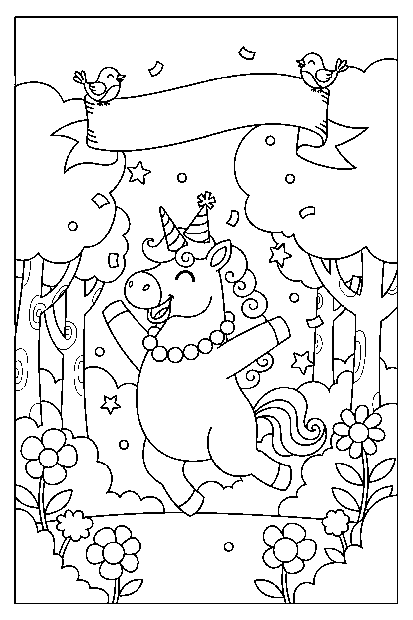 cute unicorn celebrating happily in a hidden forest line art