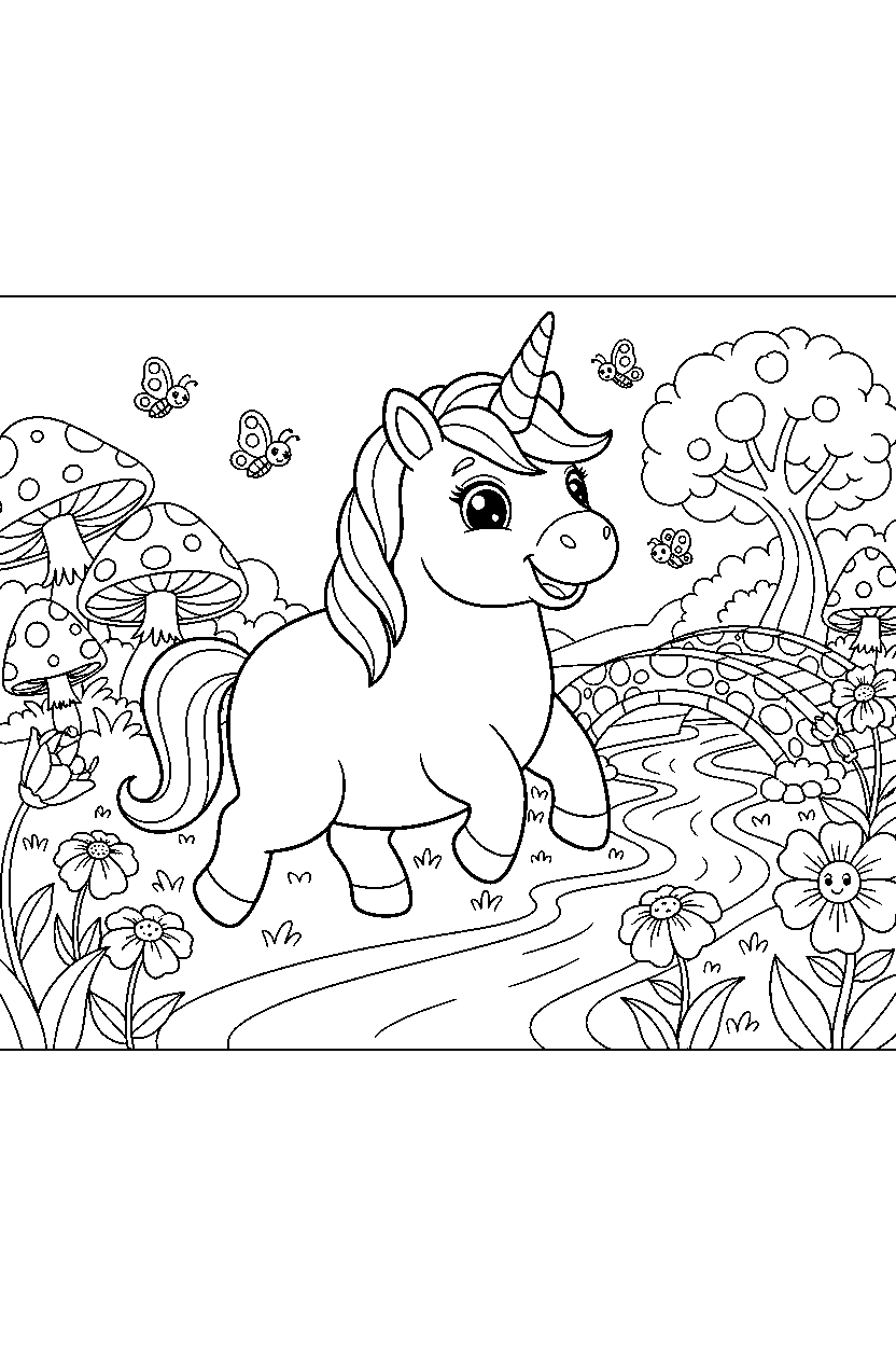 cute unicorn exploring happily in a fairy garden line art