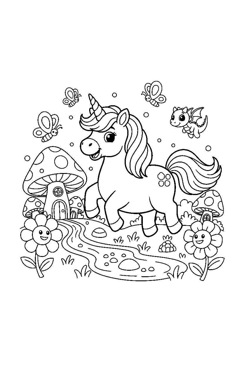 cute unicorn exploring happily in a fairy valley line art