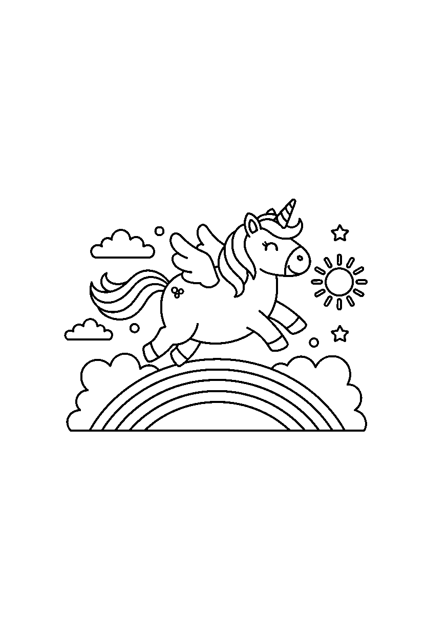 cute unicorn flying happily on a rainbow hill line art