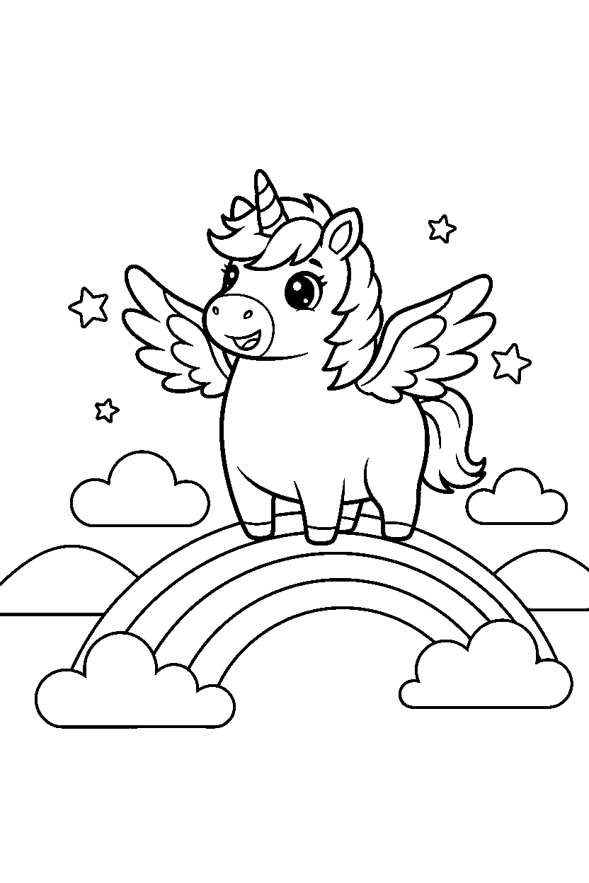 cute unicorn getting ready to fly on a rainbow hill line art