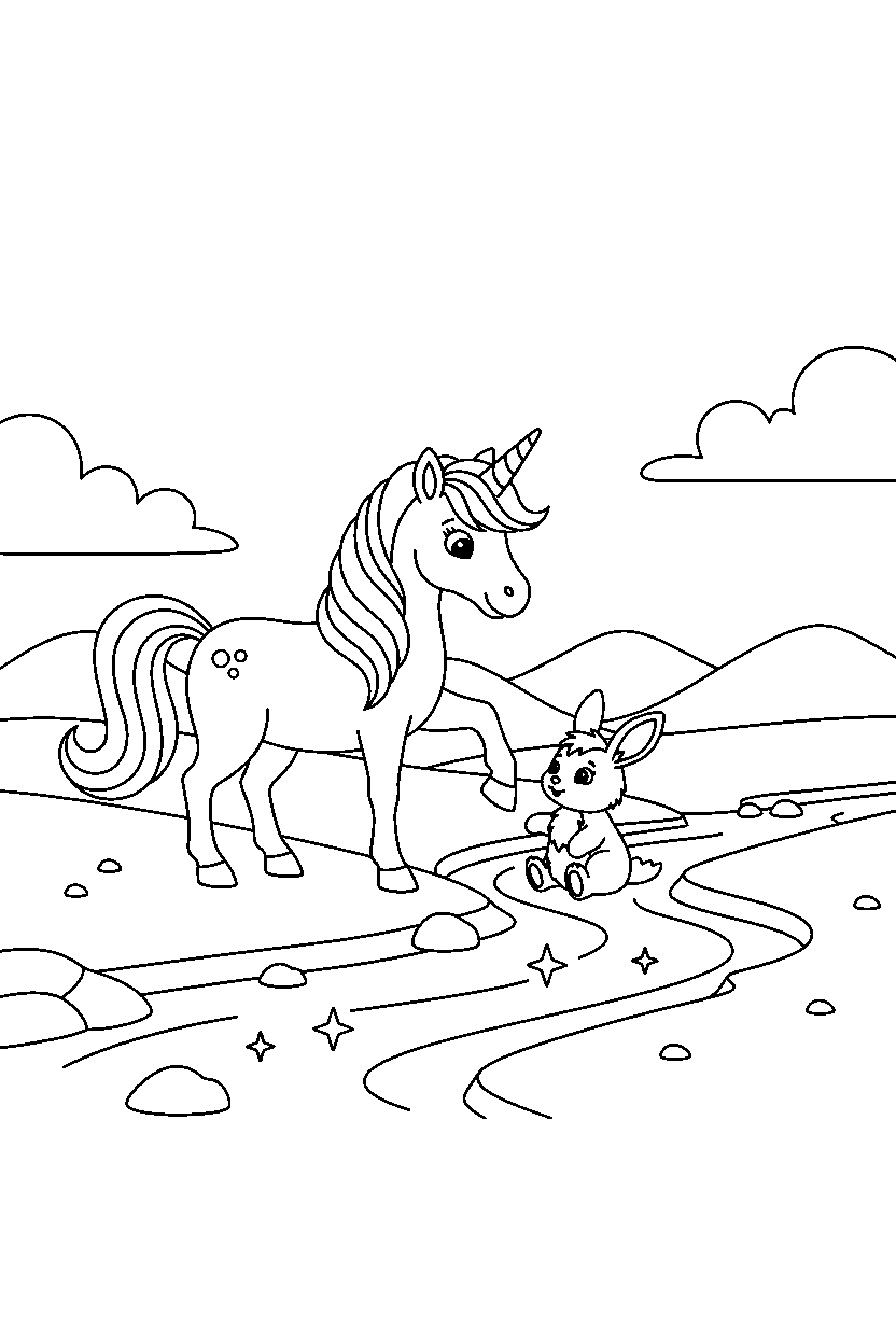 cute unicorn helping a friend near a sparkling river line art