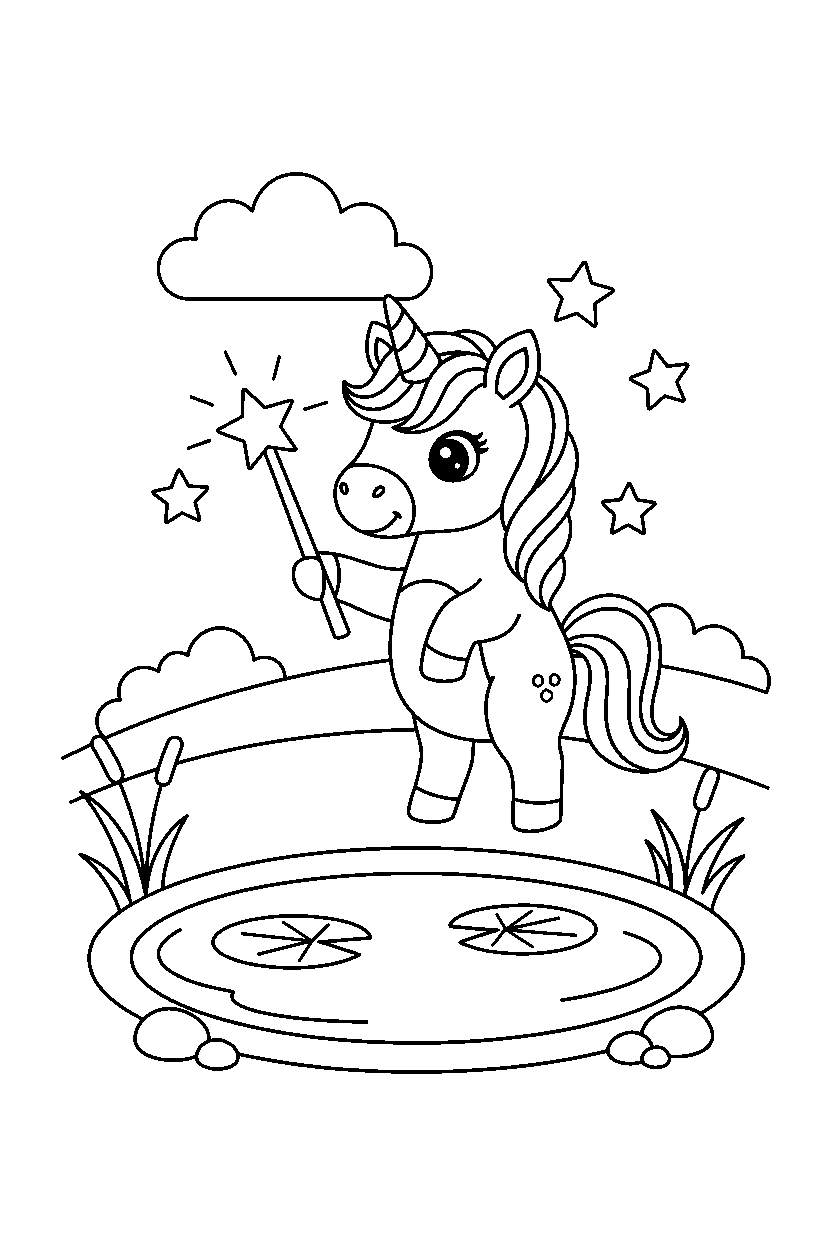cute unicorn holding a magic wand near a peaceful pond line art