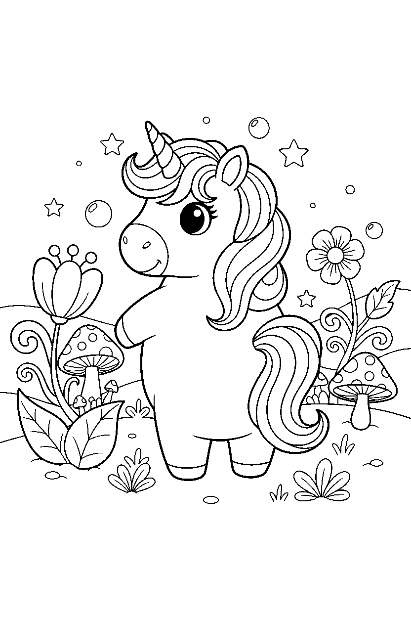 cute unicorn looking around in a fairy garden line art
