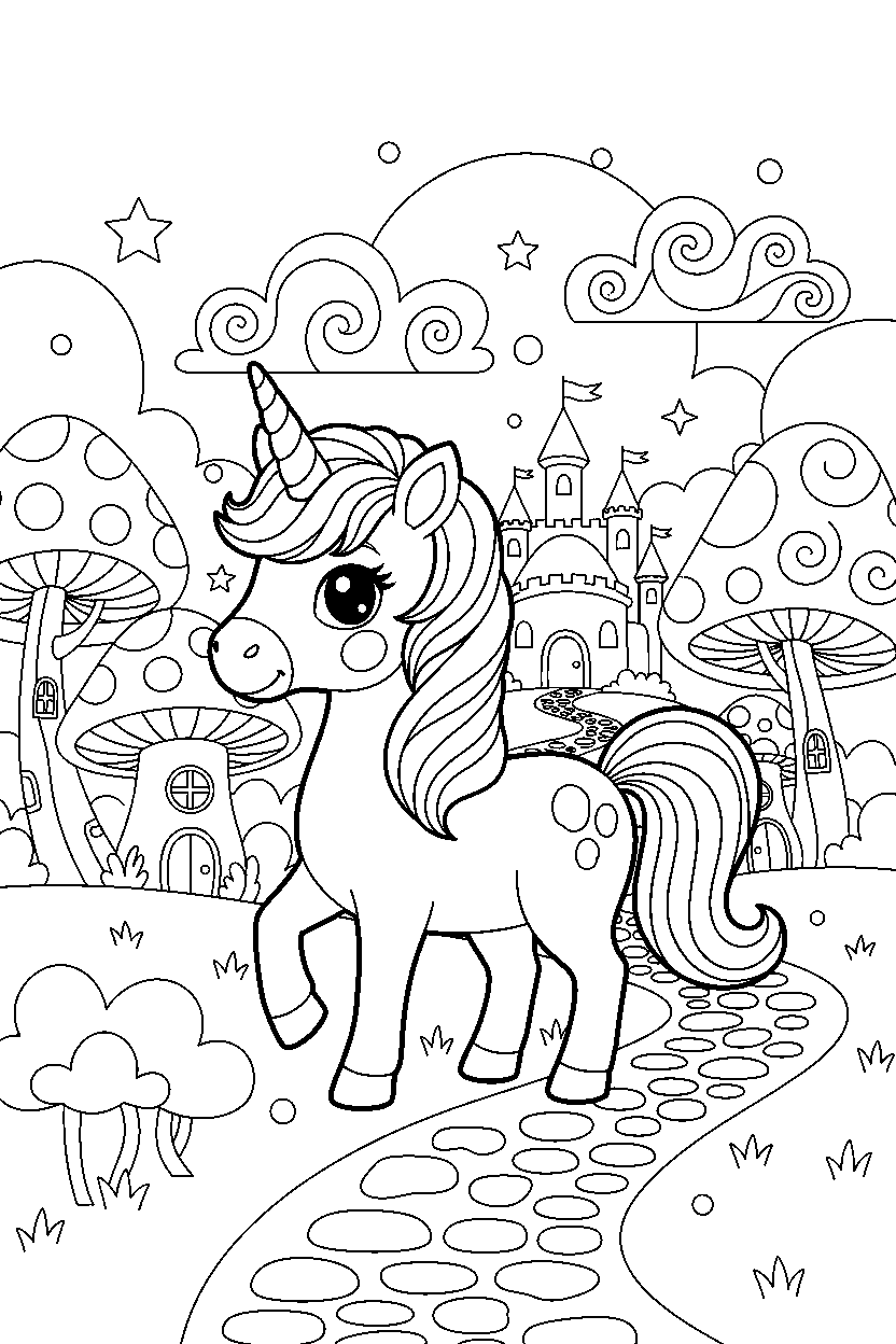 cute unicorn looking around in a magic kingdom line art