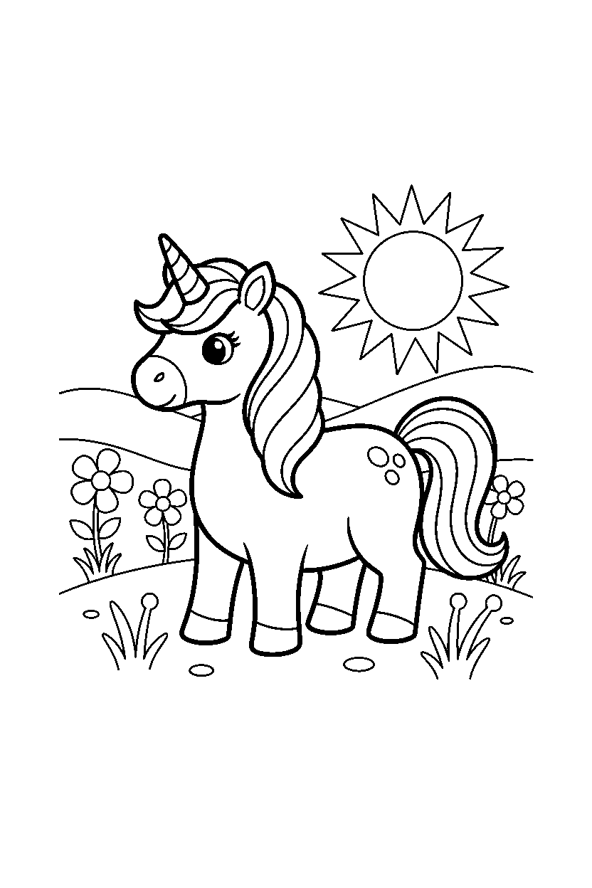 cute unicorn looking around on a sunny meadow line art