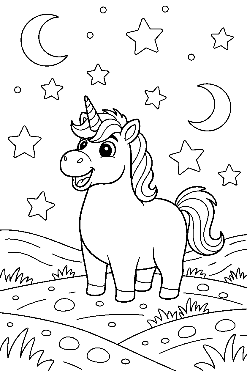 cute unicorn looking excited in a starry valley line art