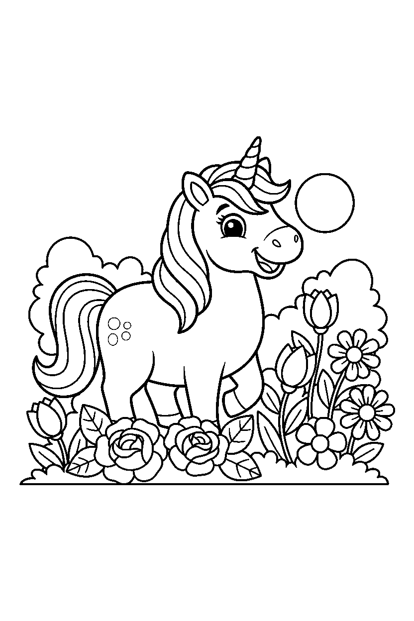 cute unicorn looking happy near a flower garden line art