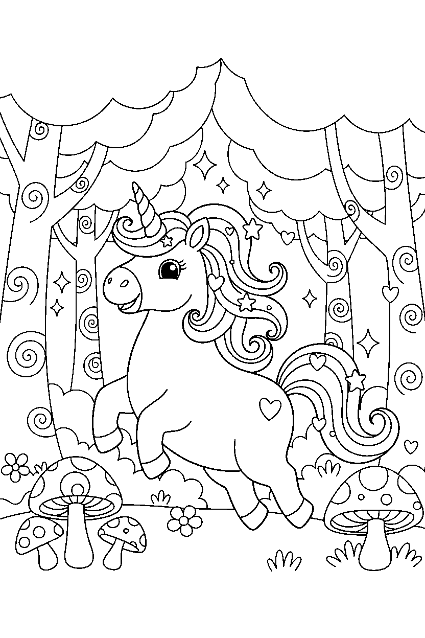 cute unicorn playing happily in a magical forest line art