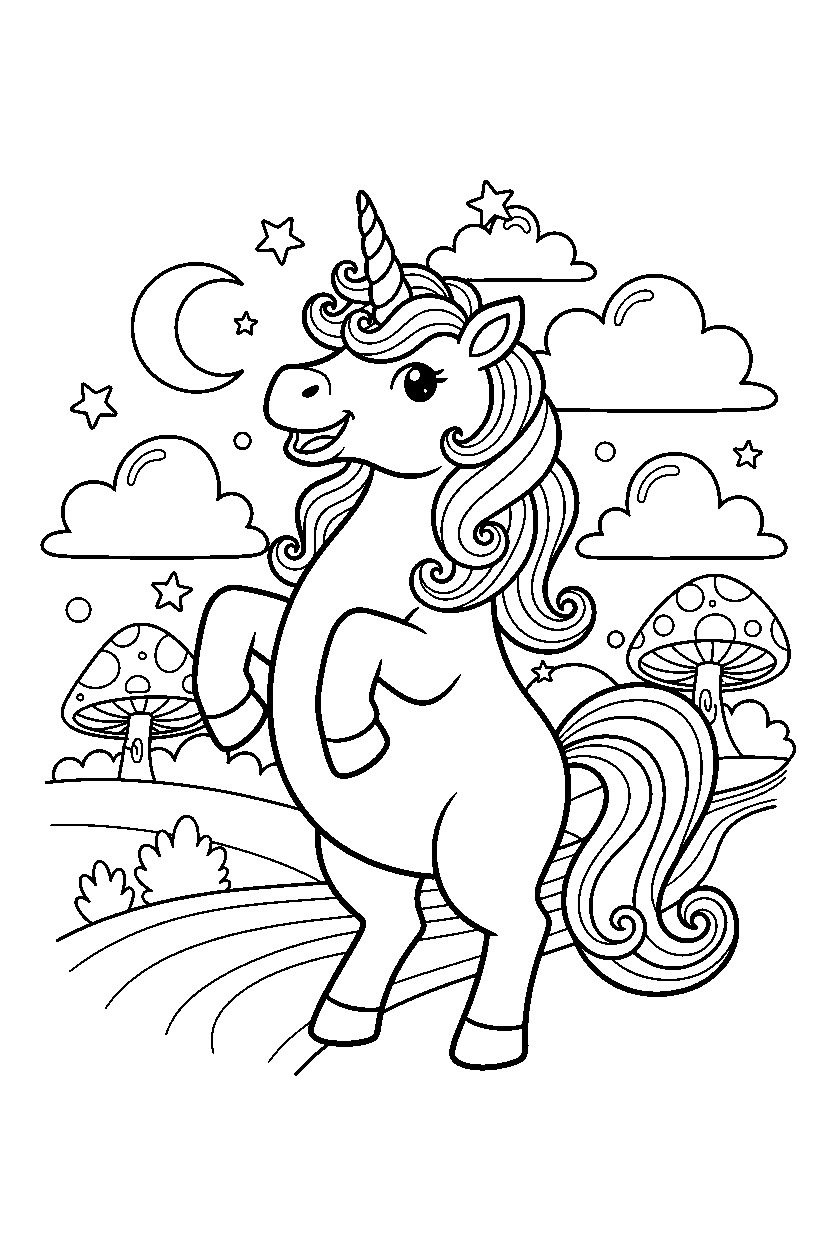 cute unicorn posing proudly in a dream world line art