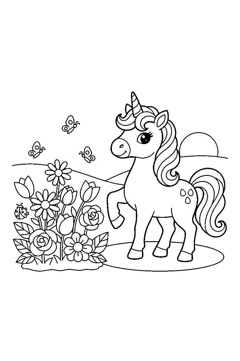 cute unicorn posing proudly near a flower garden line art
