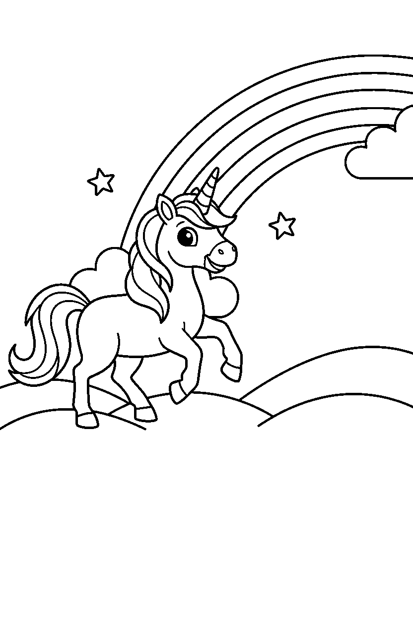 cute unicorn prancing happily near a rainbow line art