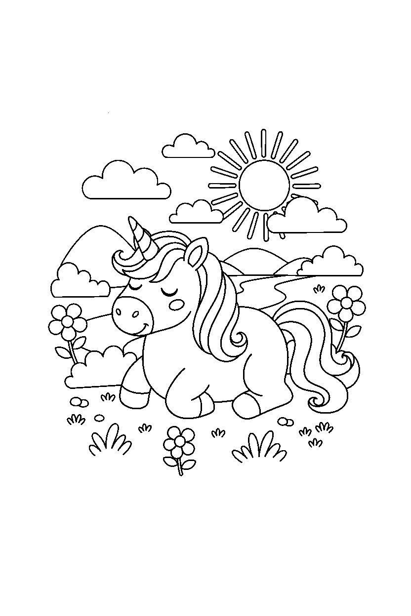 cute unicorn resting peacefully in a peaceful countryside line art