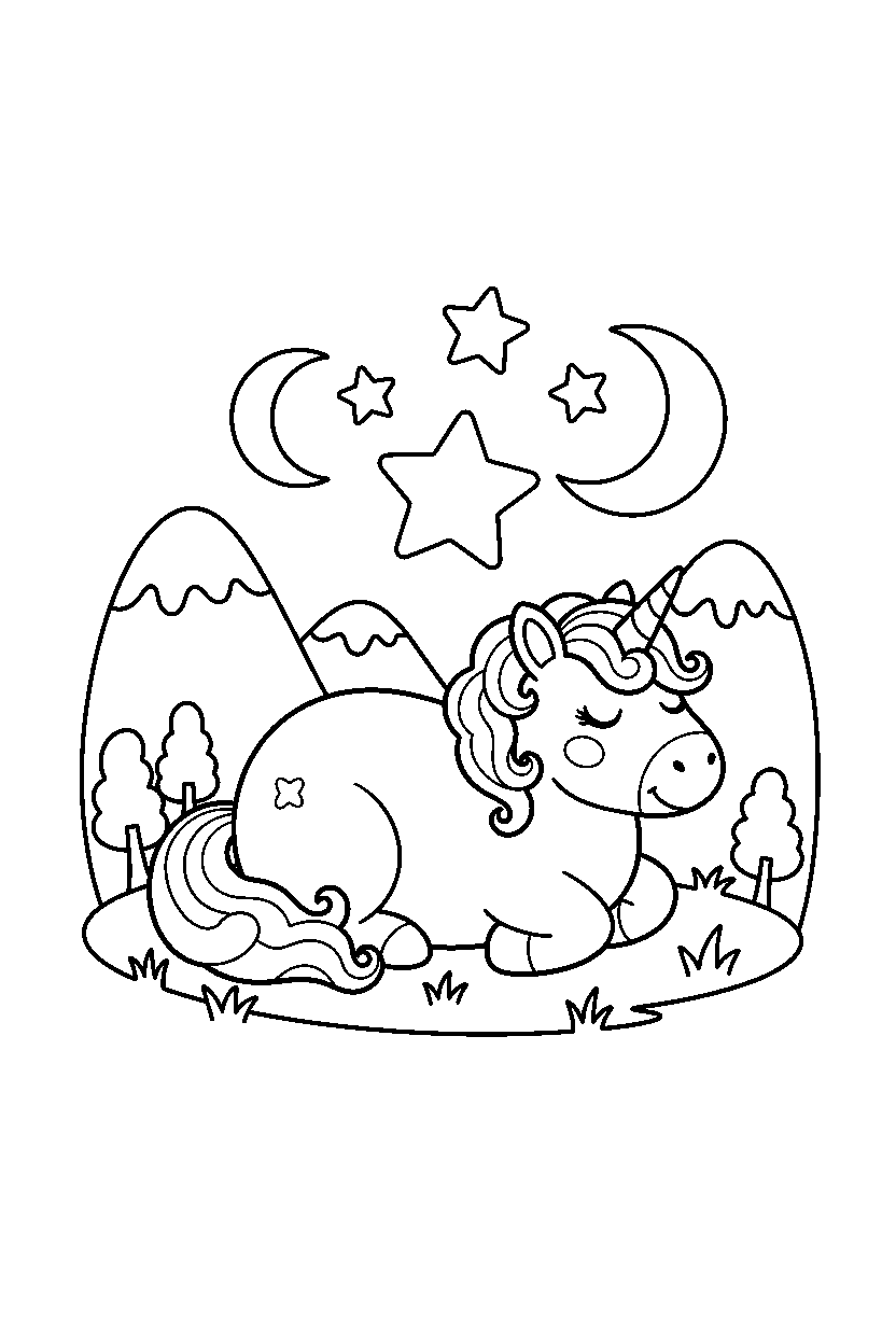 cute unicorn resting peacefully in a starry valley line art