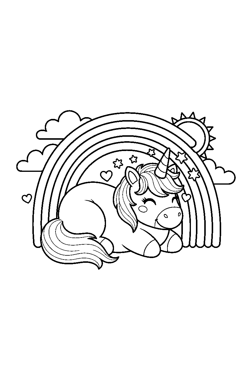 cute unicorn resting peacefully near a rainbow line art