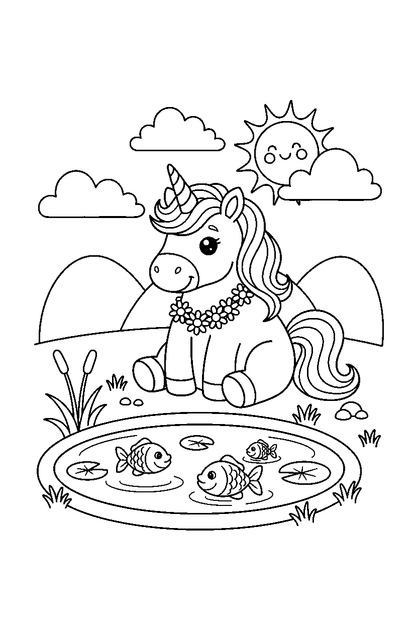 cute unicorn sitting peacefully near a peaceful pond line art
