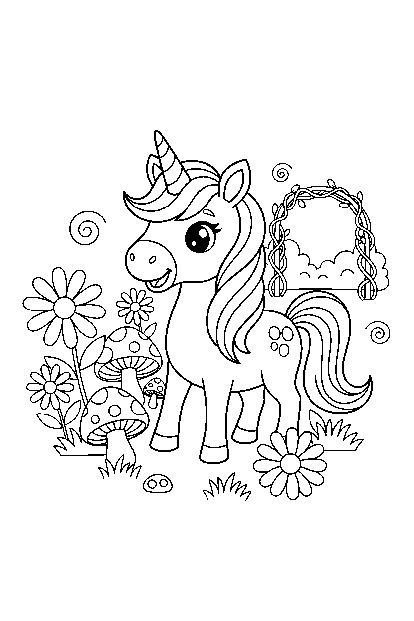cute unicorn smiling happily in a fairy garden line art